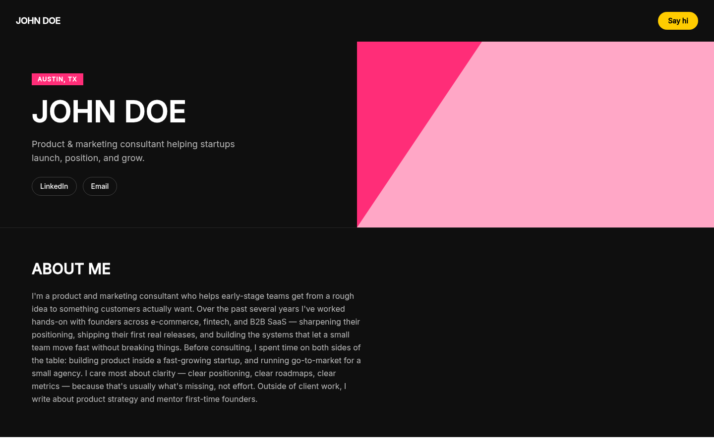 Fictional John Doe consultant profile in the Bold Duotone design