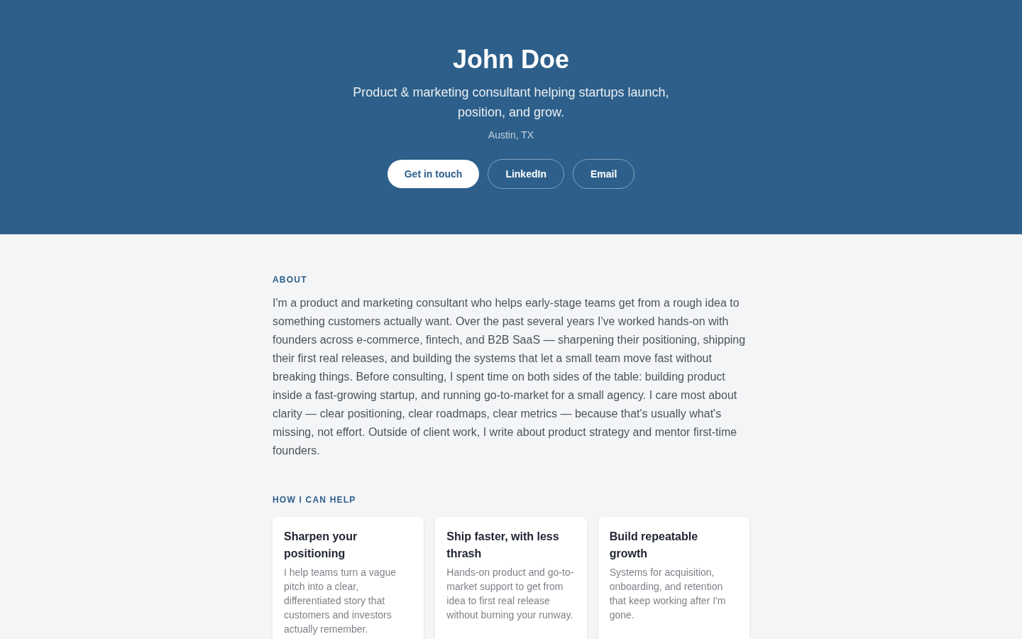 Fictional John Doe consultant profile in the Corporate Timeline design