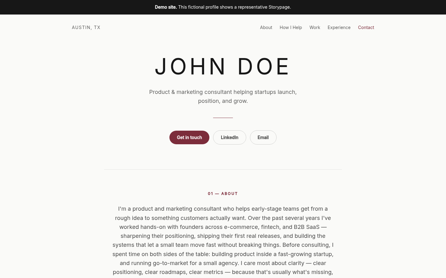 Fictional consultant profile shown in the Editorial Light design