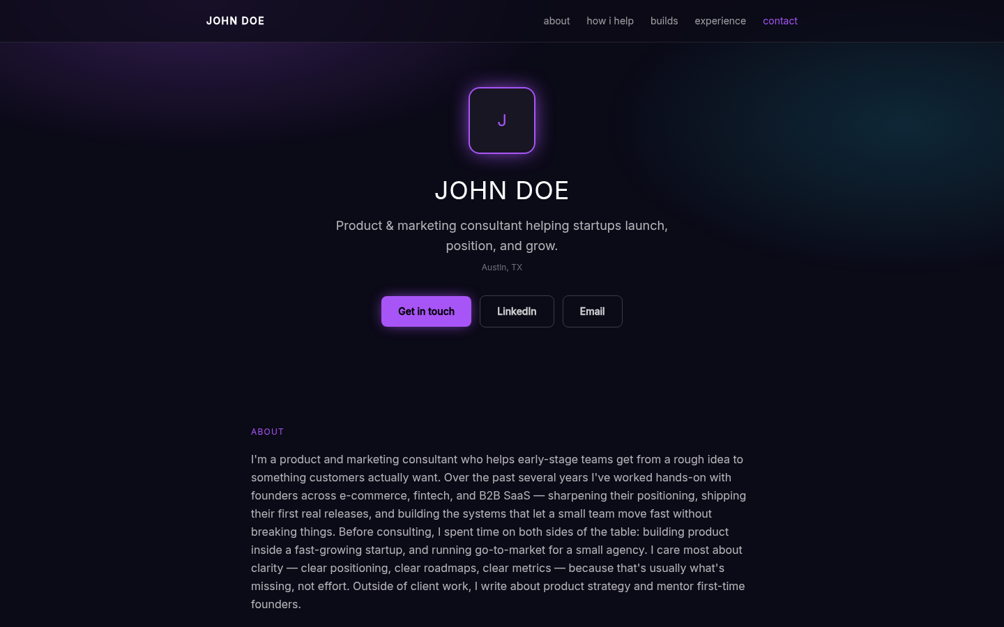 Fictional John Doe consultant profile in the Neon Glow design