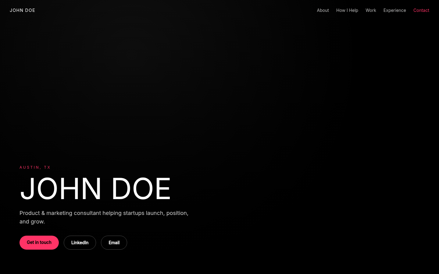 Fictional John Doe consultant profile in the Photo Hero design