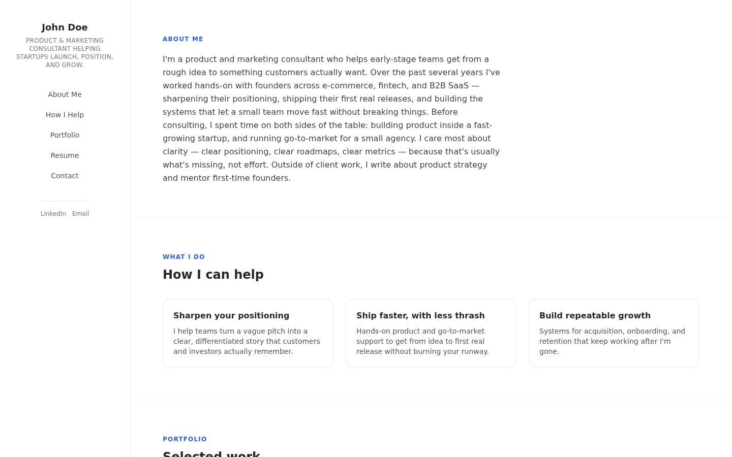 Fictional John Doe consultant profile in the Sidebar vCard design