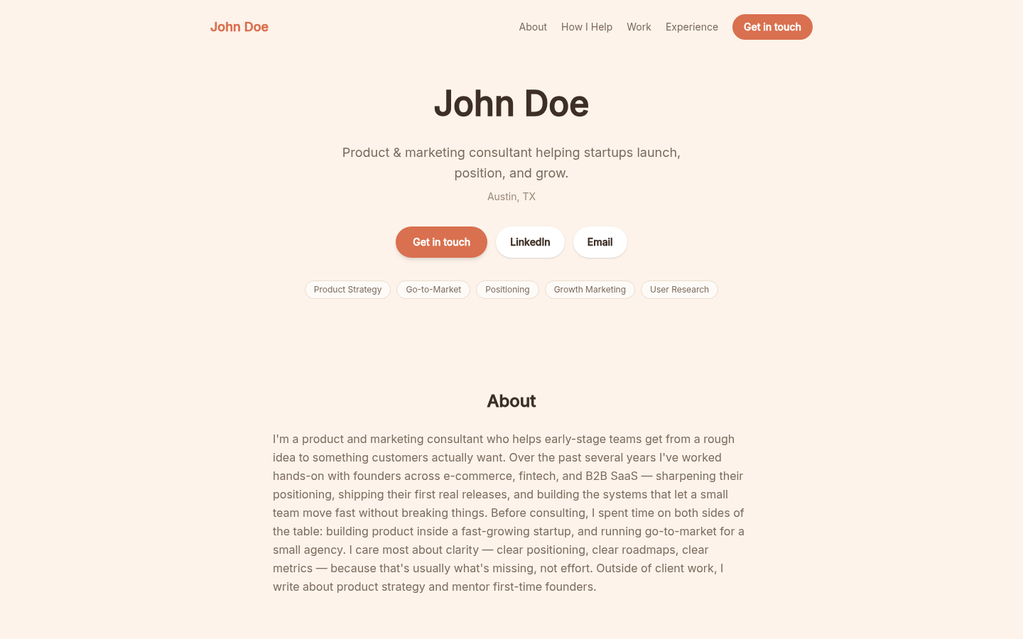 Fictional John Doe consultant profile in the Warm Personal design