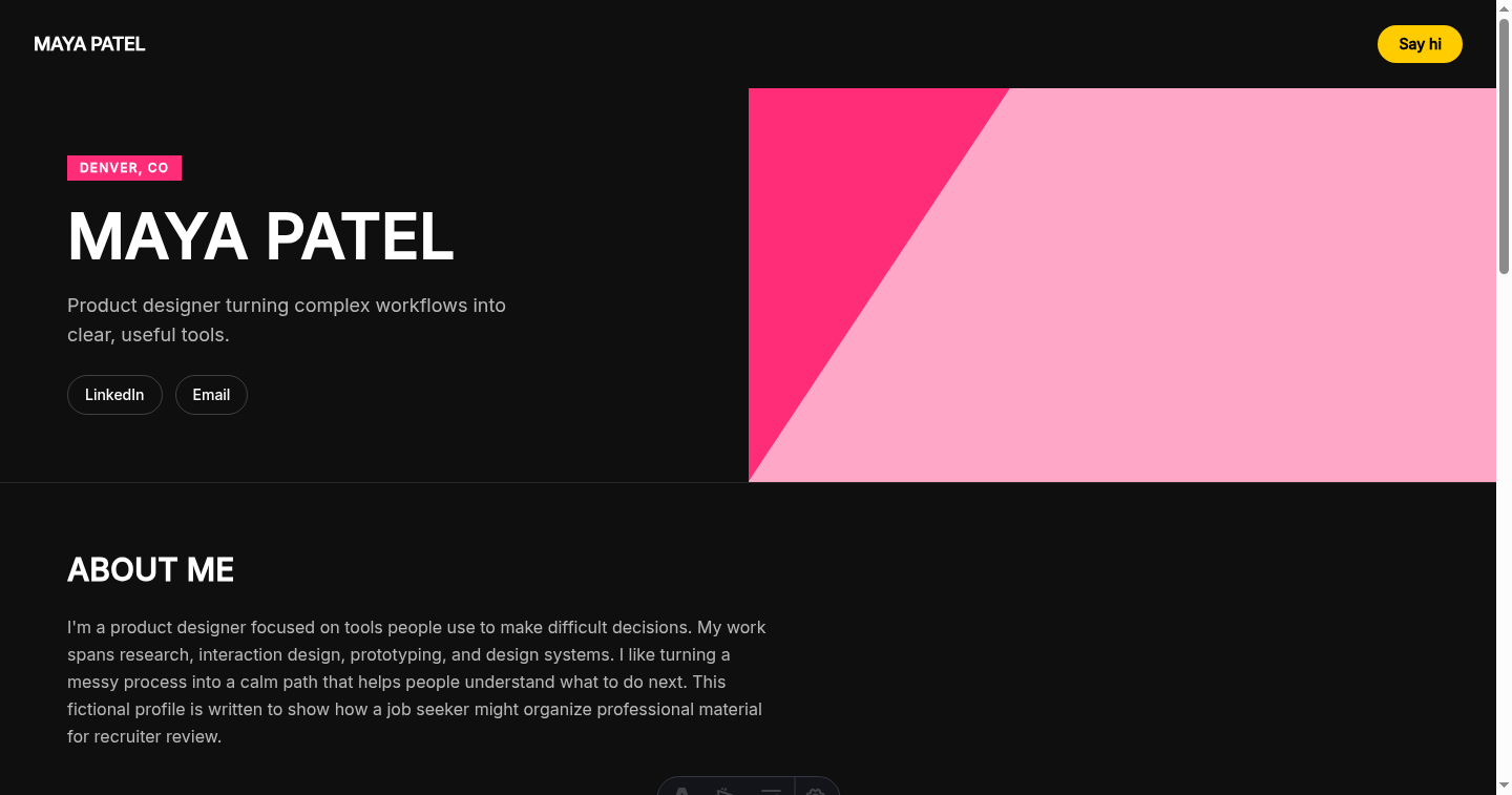 Fictional product designer Maya Patel in the Bold Duotone resume website design