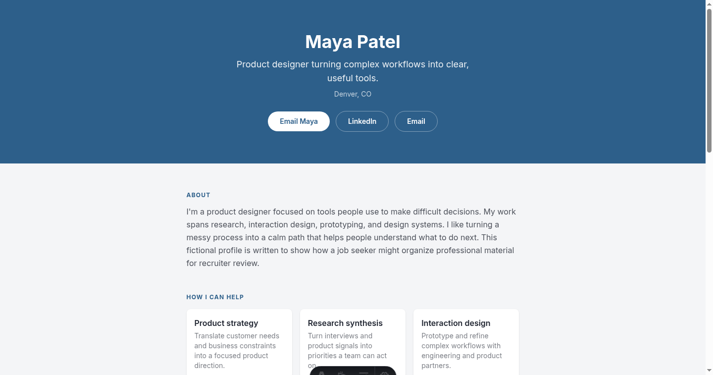 Fictional product designer Maya Patel in the Corporate Timeline resume website design