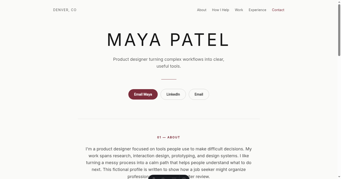 Fictional product designer Maya Patel on a personal website for a job search