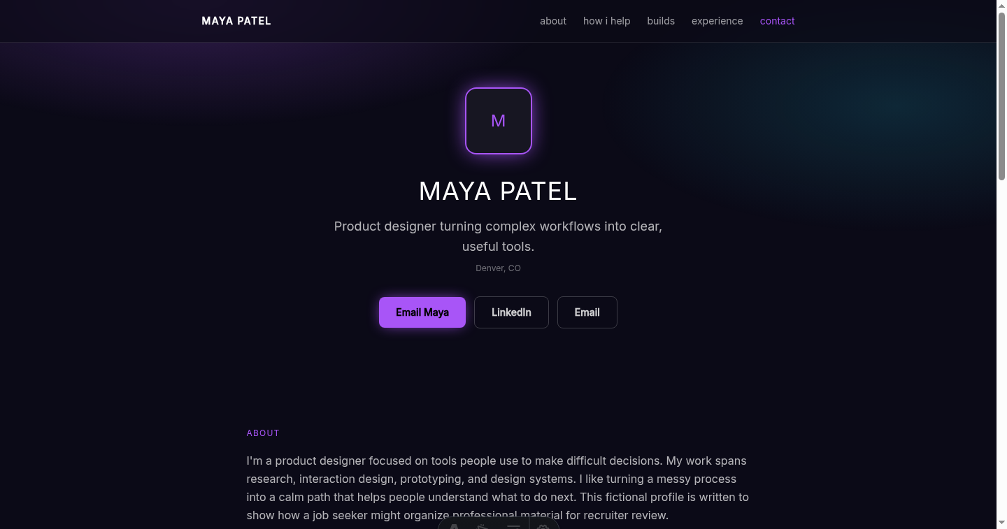 Fictional product designer Maya Patel in the Neon Glow resume website design