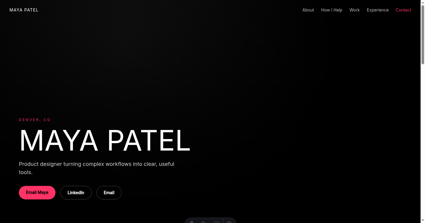 Fictional product designer Maya Patel in the Photo Hero resume website design