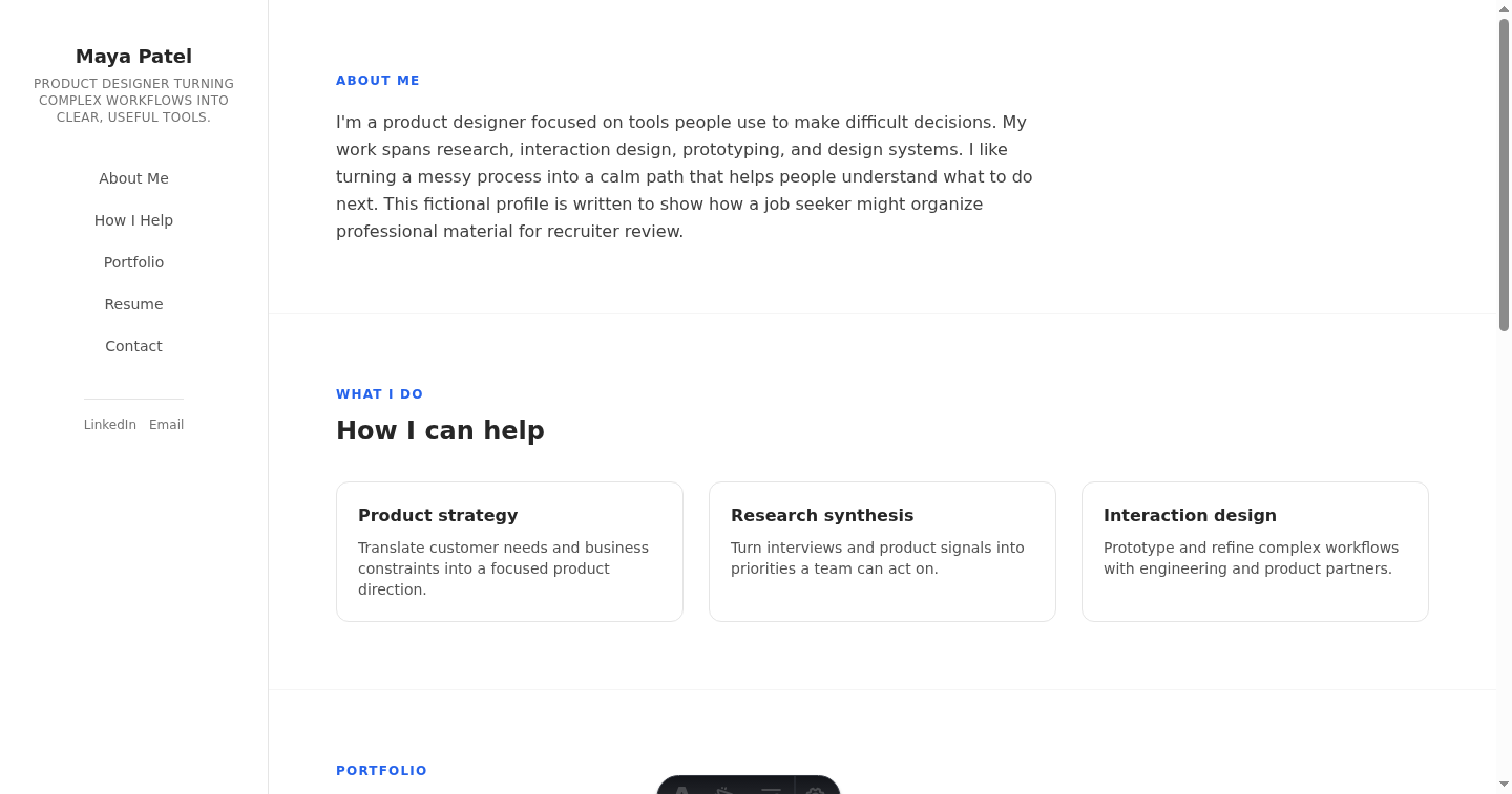 Fictional product designer Maya Patel in the Sidebar vCard resume website design