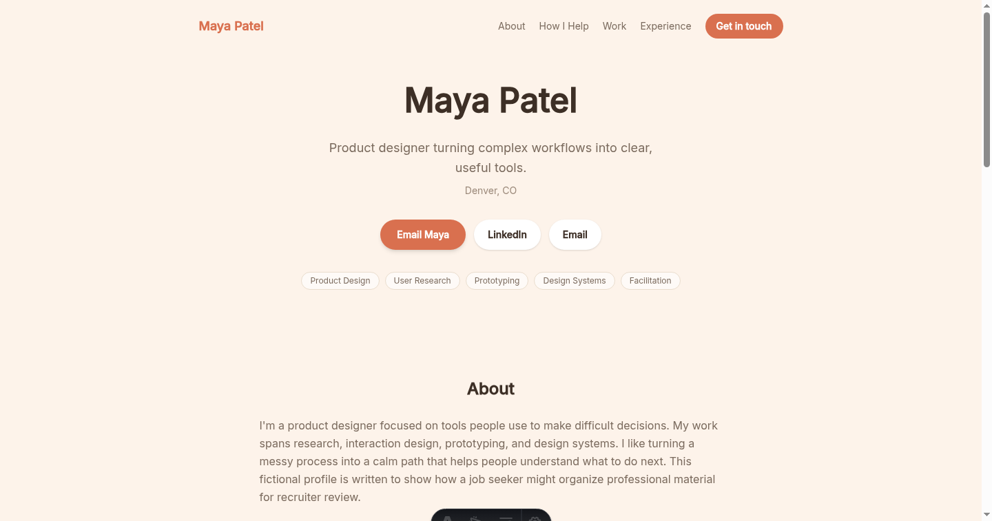 Fictional product designer Maya Patel in the Warm Personal resume website design