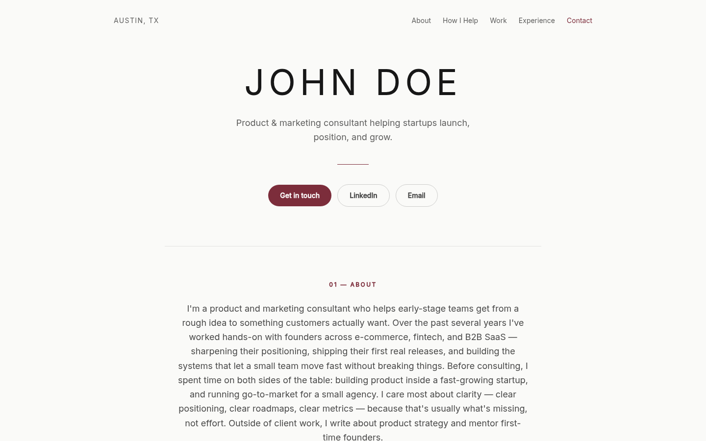 Fictional Storypage profile showing professional positioning, selected work, and contact details